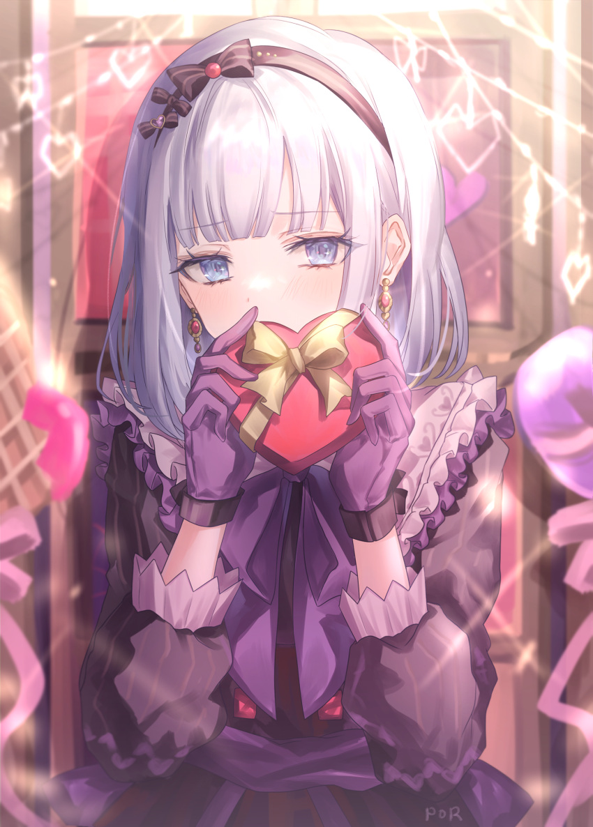 1girl artist_name bangs black_bow black_dress black_hairband blue_eyes blunt_bangs blush bow box candle_no_kaori_wa_omoide_to_tomo_ni_(project_sekai) commentary covered_mouth covering_mouth dress earrings frilled_dress frills gem gift gift_box gift_wrapping gloves hair_bow hairband hands_up heart-shaped_box highres holding holding_box holding_gift jewelry light_blush light_frown long_sleeves looking_at_viewer medium_hair official_alternate_costume official_alternate_hair_length official_alternate_hairstyle por_(_por_tt) project_sekai purple_bow purple_gloves purple_theme red_gemstone ribbon shy signature solo striped striped_sleeves symbol-only_commentary upper_body valentine vertical-striped_sleeves vertical_stripes white_hair yellow_bow yellow_ribbon yoisaki_kanade