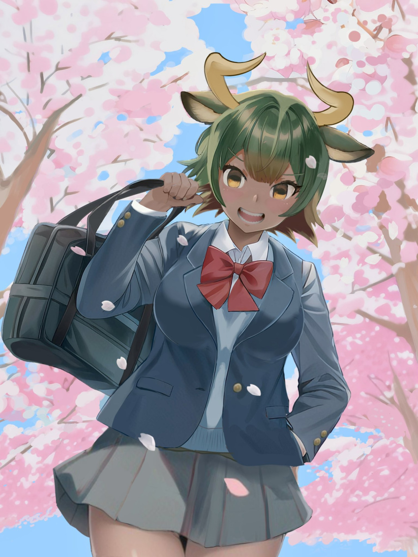 1girl alternate_costume animal_ears aurochs_(kemono_friends) bag blue_jacket blush bow bowtie brown_hair cherry_blossoms collared_shirt cow_ears cow_girl cow_horns cowboy_shot green_hair grey_skirt hair_between_eyes highres horns ieinu_account jacket kemono_friends long_sleeves looking_at_viewer multicolored_hair open_clothes open_jacket open_mouth pleated_skirt red_bow red_bowtie school_bag school_uniform shirt short_hair skirt smile solo white_shirt yellow_eyes