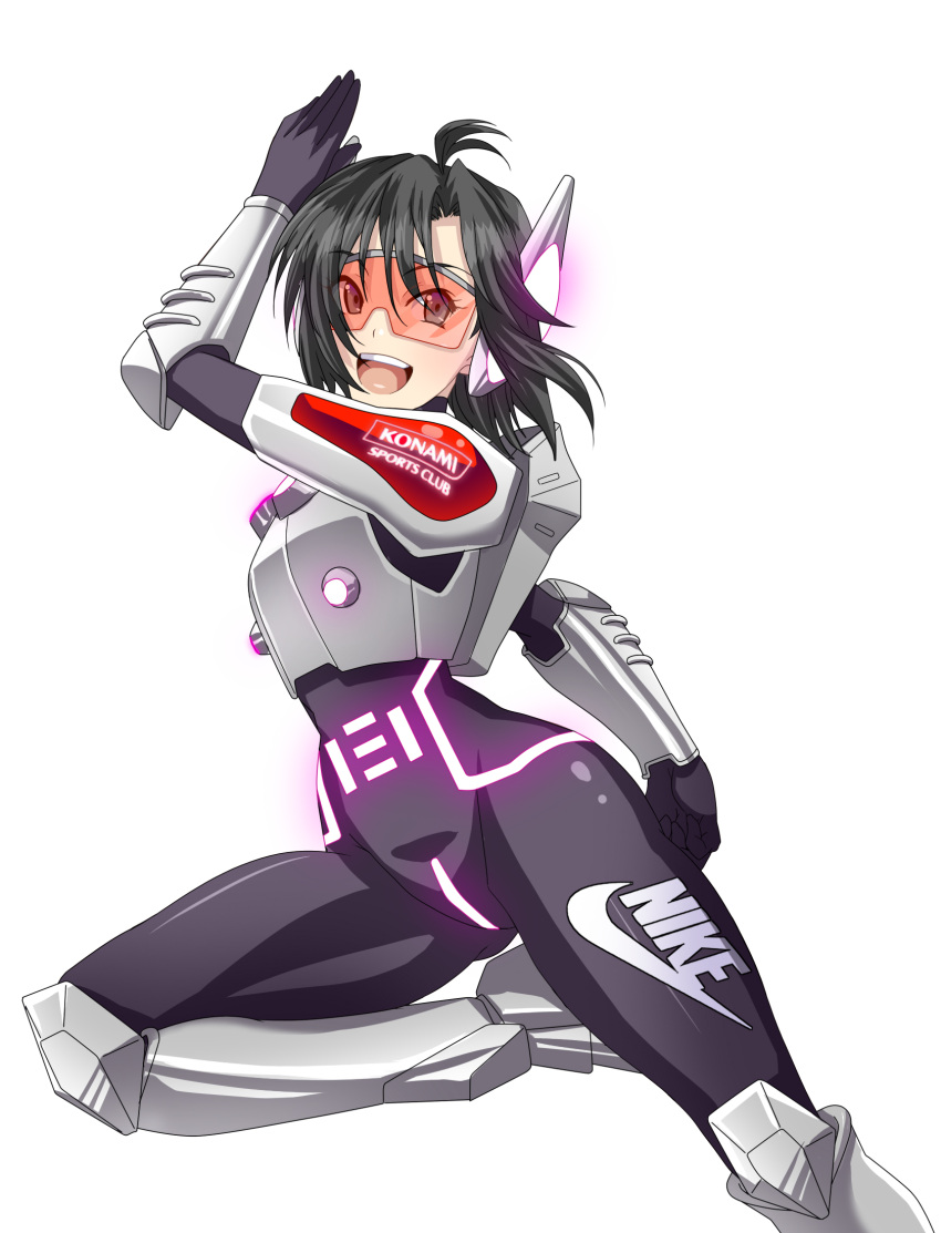 arm_armor armor armored_boots black_hair body_armor bodysuit boots gloves glowing grey_eyes highres ichimedoo idolmaster kikuchi_makoto konami latex latex_bodysuit leg_armor logo medium_hair nike pauldrons red-tinted_eyewear shoulder_armor skin_tight smile sunglasses tinted_eyewear