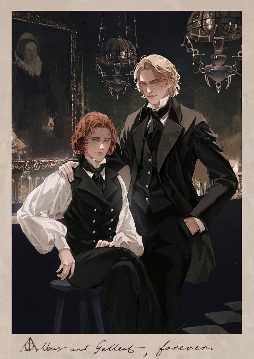 2boys absurdres albus_dumbledore ascot bangs black_ascot black_jacket black_pants black_vest blonde_hair blue_eyes bottle ceiling_light character_name closed_mouth gellert_grindelwald grey_eyes hand_in_pocket hand_on_another's_shoulder harry_potter_(series) highres indoors iyzlime jacket long_sleeves looking_at_viewer male_focus multiple_boys painting_(object) pants photo_(object) picture_frame popped_collar puffy_long_sleeves puffy_sleeves red_hair shirt short_hair sitting stool vest white_shirt