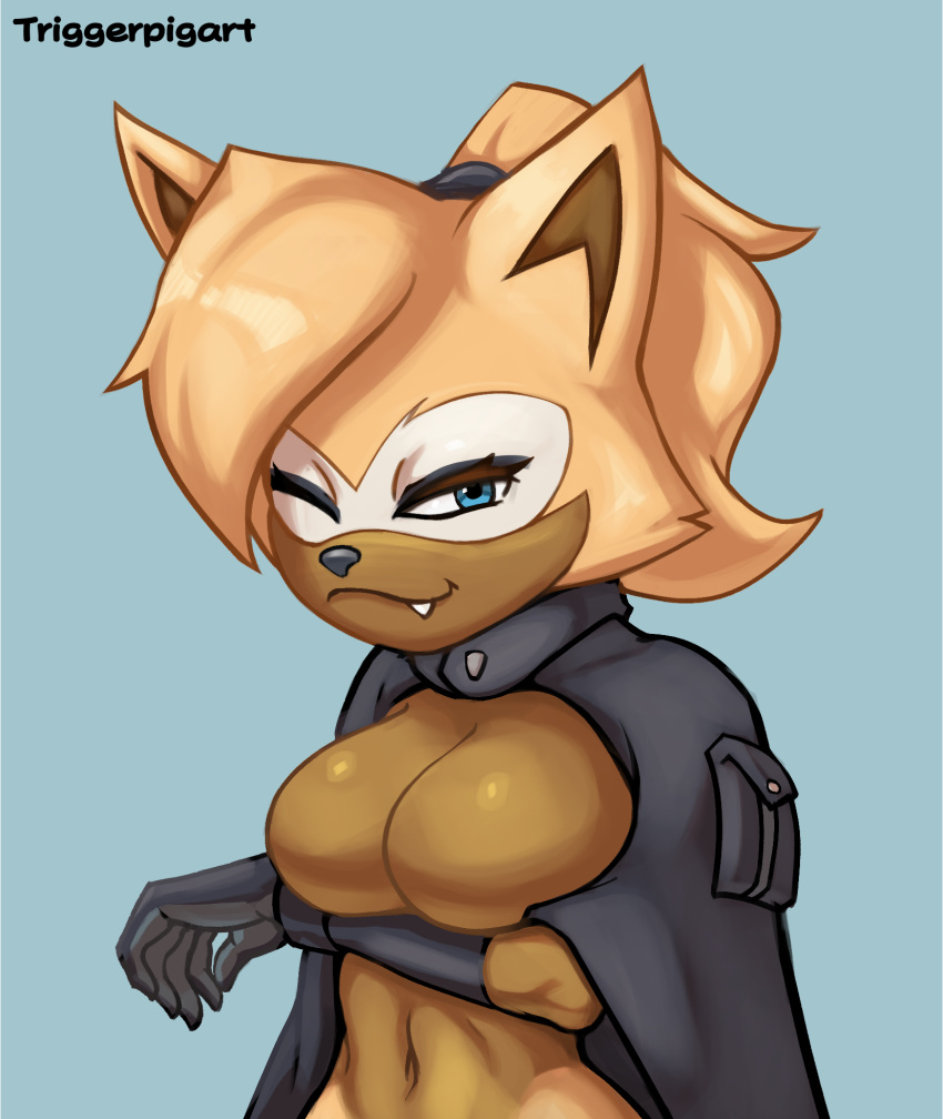 anthro big_breasts blue_eyes breasts canid canine canis cleavage clothed clothing female gloves handwear hi_res idw_publishing looking_at_viewer mammal sega solo sonic_the_hedgehog_(comics) sonic_the_hedgehog_(idw) sonic_the_hedgehog_(series) topless triggerpigart whisper_the_wolf wolf