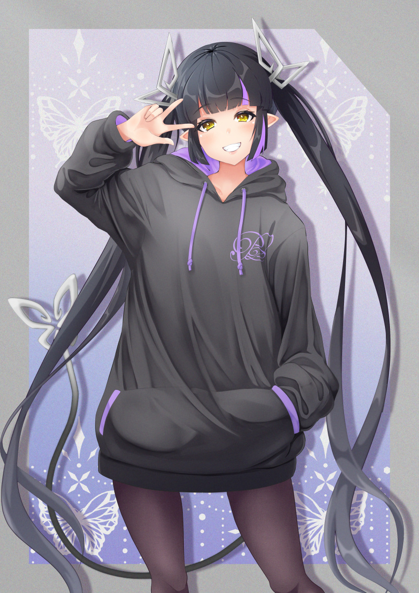 1girl 774_inc. absurdres alternate_costume bangs black_hair black_hoodie blunt_bangs blush brown_pantyhose butterfly_background commentary_request demon_girl demon_horns demon_tail feet_out_of_frame grey_background grin hand_in_pocket highres hood hood_down hoodie horns kojo_anna long_hair looking_at_viewer multicolored_hair pantyhose pointy_ears purple_background purple_hair robou_no_stone smile solo tail twintails two-tone_hair very_long_hair virtual_youtuber w yellow_eyes