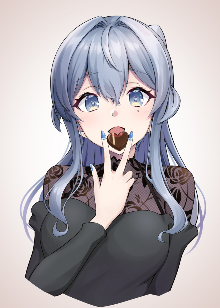 1girl bangs black_shirt blue_eyes blue_hair blue_nails blush candy chocolate fingernails food gotland_(kancolle) hair_between_eyes heart heart-shaped_chocolate highres holding holding_chocolate holding_food kantai_collection kodama_(mmt_uf) long_sleeves looking_at_viewer medium_hair mole mole_under_eye nail_polish official_alternate_costume open_mouth shirt sidelocks smile solo