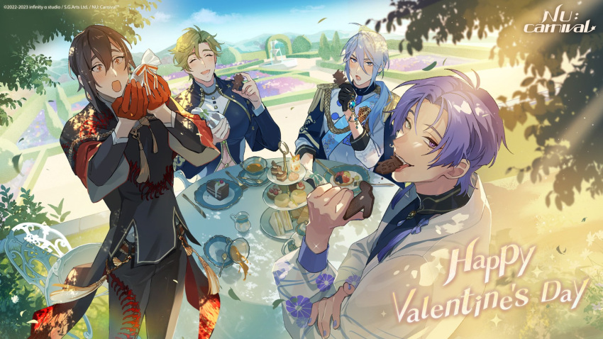 4boys :d :o ^_^ artist_request black_gloves blue_hair brown_hair cake closed_eyes commentary copyright_name eating edmond_(nu_carnival) english_commentary floral_print food gloves green_hair happy_valentine hedge heterochromia highres holding holding_food kuya_(nu_carnival) low_ponytail male_focus mole mole_under_eye multiple_boys nu_carnival official_art official_wallpaper olivine_(nu_carnival) outdoors purple_eyes purple_hair red_eyes red_gloves smile table teaspoon yakumo_(nu_carnival) yellow_eyes