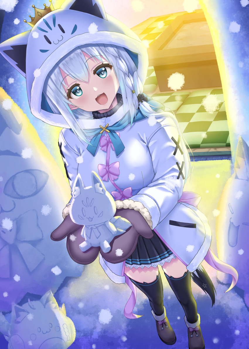 1girl :3 :d absurdres black_thighhighs boots braid brown_footwear commentary_request crown foreshortening fox_tail highres hololive hood hoodie jacket looking_at_viewer mittens open_mouth pentagram purple_mittens shirakami_fubuki skirt smile snow solo sweater_under_jacket tail thighhighs thighs uehiro virtual_youtuber white_hair white_jacket winter zettai_ryouiki
