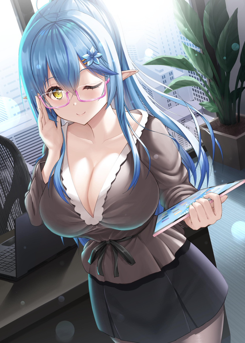 1girl absurdres backlighting bespectacled blue_hair breasts building chair cleavage collarbone computer desk glasses hair_between_eyes highres holding holding_tablet_pc hololive indoors laptop large_breasts long_hair office office_lady one_eye_closed pink-framed_eyewear plant potted_plant smile solo sunlight tablet_pc uehiro virtual_youtuber window yellow_eyes yukihana_lamy