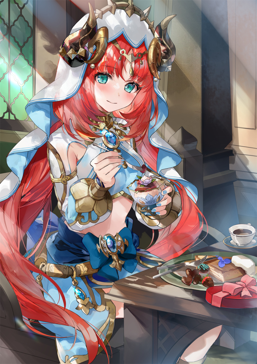 1girl aqua_eyes blue_skirt blush brooch closed_mouth crop_top cup fake_horns food fork genshin_impact harem_outfit highres hinahino holding holding_fork horns jewelry long_hair looking_at_viewer low_twintails neck_ring nilou_(genshin_impact) red_hair saucer skirt solo table tea teacup twintails veil very_long_hair white_headwear