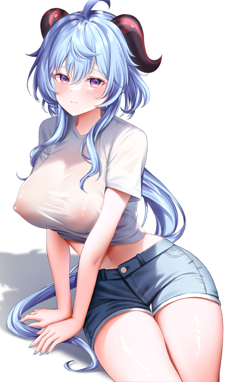 absurdres ahoge alternate_costume arm_support bangs blue_hair blue_nails blue_shorts blush breasts closed_mouth covered_nipples crop_top fingernails ganyu_(genshin_impact) genshin_impact goat_horns gradient_eyes hair_between_eyes highres horns large_breasts leaning_to_the_side long_fingernails long_hair multicolored_eyes nail_polish navel no_bra purple_eyes raised_eyebrows see-through see-through_shirt shadow shiny_skin shirt short_shorts short_sleeves shorts sidelocks simple_background sitting stomach t-shirt thighs unha very_long_hair white_background white_shirt