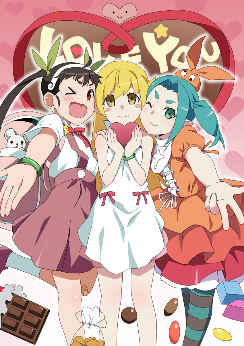 &gt;_^ 3girls ;) aqua_eyes aqua_hair black_hair blonde_hair candy chocolate chocolate_bar closed_mouth dress food gesugesu_ahoaho hachikuji_mayoi heart highres long_hair looking_at_viewer monogatari_(series) multiple_girls one_eye_closed ononoki_yotsugi oshino_shinobu red_eyes short_hair smile twintails valentine white_dress