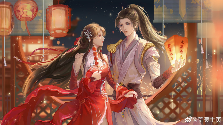 1boy 1girl absurdres aerial_fireworks artist_request brown_hair character_request cleavage_cutout closed_mouth clothing_cutout dango detached_sleeves dress facial_mark fireworks food forehead_mark hair_ornament hair_rings hand_on_another's_shoulder highres huo_linger_(wanmei_shijie) lantern light_particles long_hair night parted_lips red_dress second-party_source upper_body wagashi wanmei_shijie windowsill
