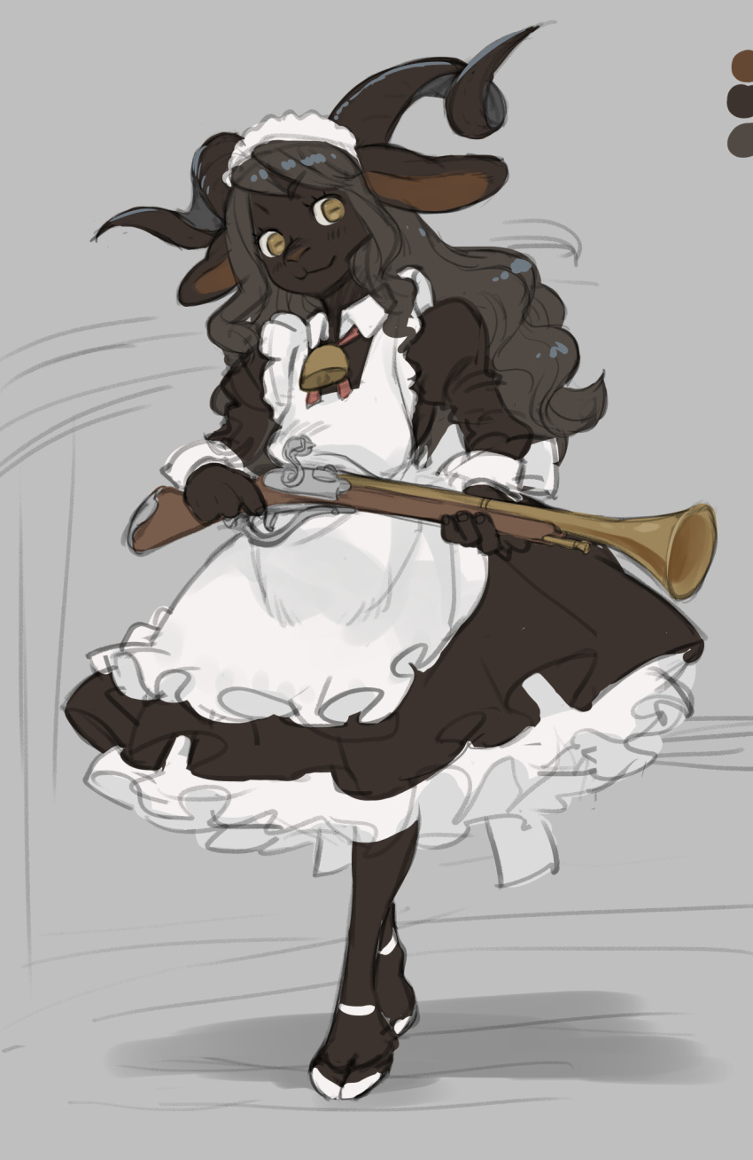 1girl :3 animal_ears animal_feet animal_nose apron bangs barefoot bell black_dress black_fur black_hair black_horns blush body_fur closed_mouth color_guide commentary_request cowbell curled_horns dress flat_chest flat_color frilled_apron frilled_dress frills full_body furry furry_female grey_background gun happy highres holding holding_gun holding_weapon hooves horizontal_pupils horns juliet_sleeves kikurage_(crayon_arts) light_blush long_hair long_sleeves looking_at_viewer maid maid_apron maid_headdress musket neck_bell neck_ribbon original puffy_sleeves red_ribbon ribbon sheep_ears sheep_girl sheep_horns sidelocks simple_background sketch smile solo standing swept_bangs two-handed v-shaped_eyebrows weapon white_apron yellow_eyes