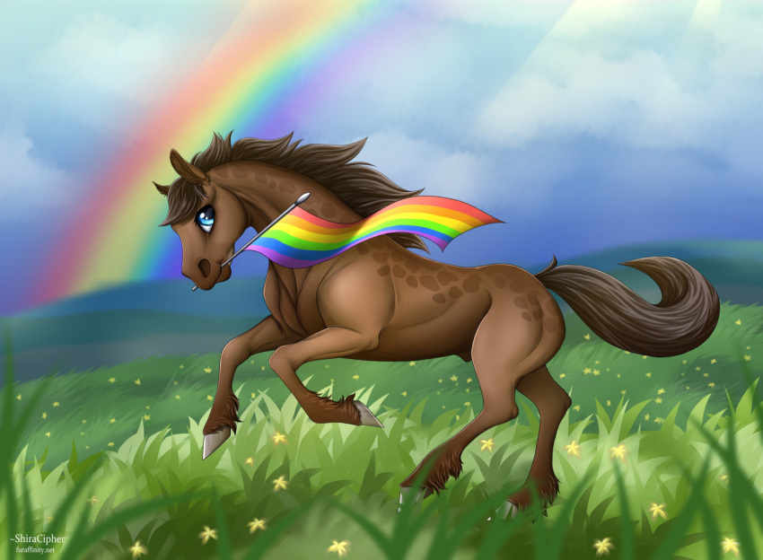 2022 animal_genitalia blue_eyes brown_body brown_hair brown_mane brown_tail digital_media_(artwork) dolero equid equine feathering feral fur genitals grass hair hooves horse lgbt_pride looking_at_viewer male mammal mane plant pride_colors rainbow rainbow_pride_colors raised_leg sheath shiracipher simple_background solo tail