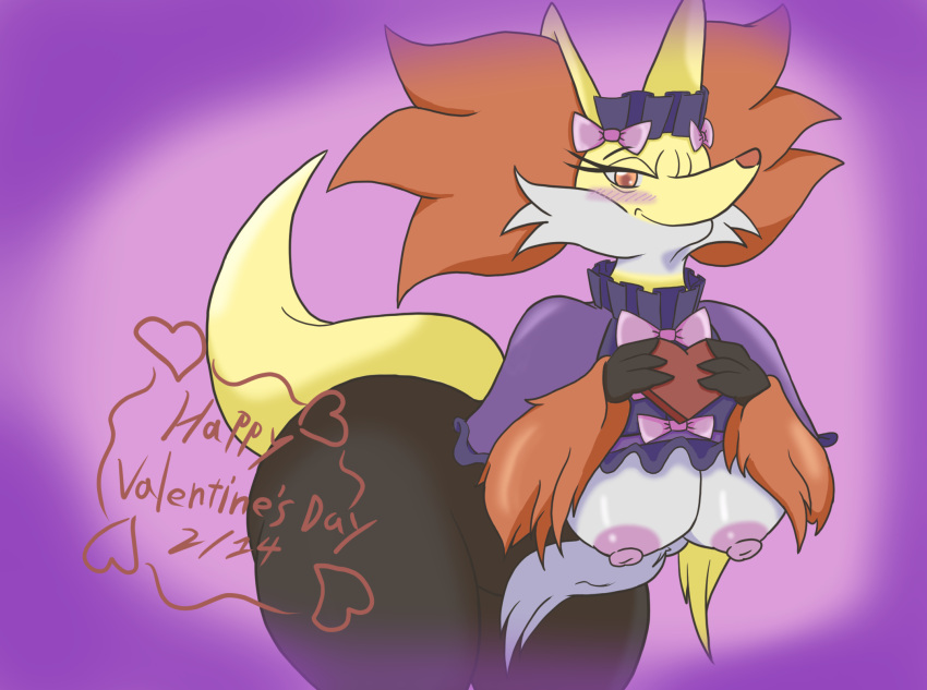 big_breasts blush breasts canid canine clothed clothing delphox female fur generation_6_pokemon hi_res holidays huge_breasts inner_ear_fluff lion_granny mammal mature_female nintendo nipples pokemon pokemon_(species) smile solo tuft valentine's_day