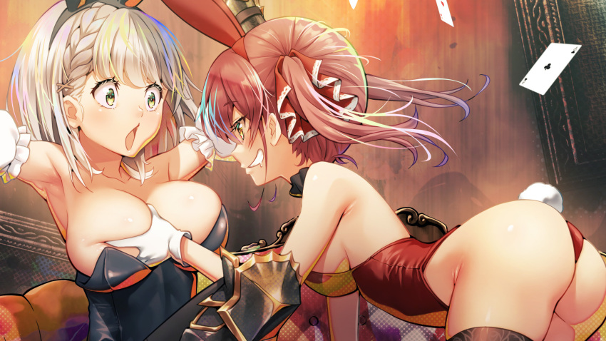 2girls adapted_costume animal_ears arms_up backless_leotard bare_shoulders black_leotard breast_grab breasts fake_animal_ears gloves grabbing green_eyes grey_hair grin groping highleg highleg_leotard highres hololive houshou_marine indoors large_breasts leotard long_hair looking_at_another maru-chan_niko multiple_girls open_mouth playboy_bunny rabbit_ears rabbit_tail red_leotard shirogane_noel short_hair smile strapless strapless_leotard tail twintails virtual_youtuber white_gloves