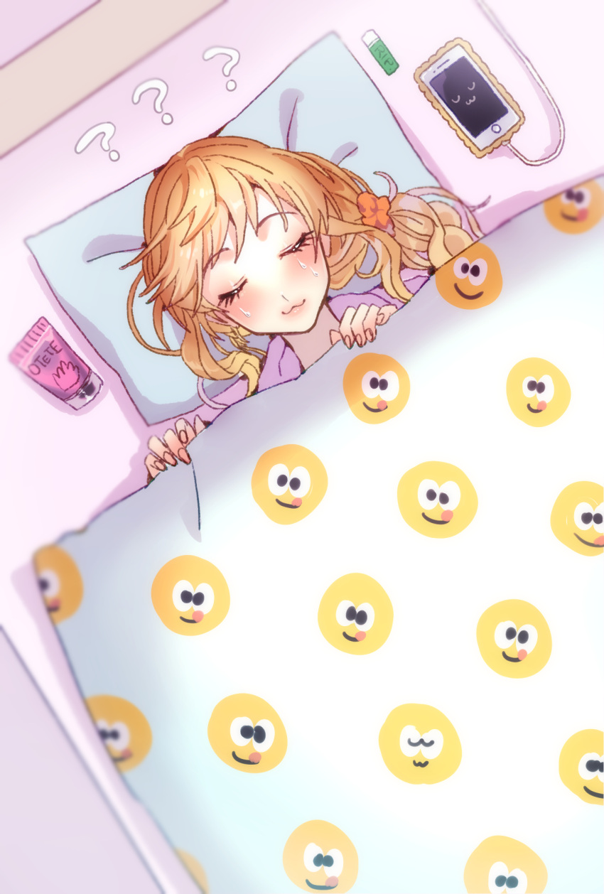 1girl :3 ? ?? bangs blanket blush facing_viewer from_above fujima_(k114) hair_ornament hair_scrunchie highres idolmaster idolmaster_cinderella_girls lying ohtsuki_yui on_back phone ponytail scrunchie smile solo tears