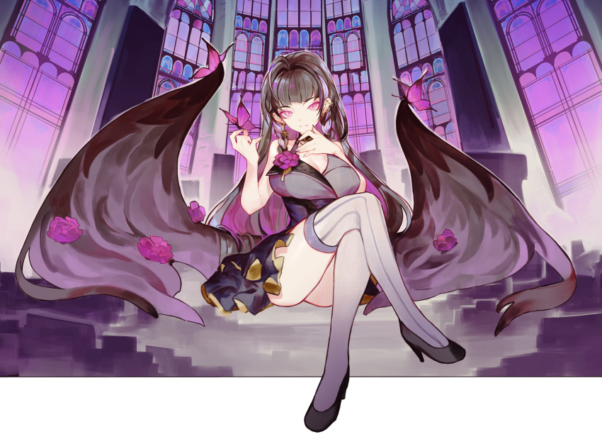 1girl ahoge bangs black_footwear braid breasts bug butterfly cleavage colored_inner_hair crossed_legs earrings flower grey_thighhighs hair_behind_ear high_heels highres indoors jewelry large_breasts long_hair looking_at_viewer low_wings meloco_kyoran multicolored_hair nijisanji nijisanji_en official_art parted_lips phantom_(vocaloid) purple_butterfly purple_flower purple_hair side_braids sitting softmode solo stained_glass streaked_hair thighhighs very_long_hair virtual_youtuber window wings