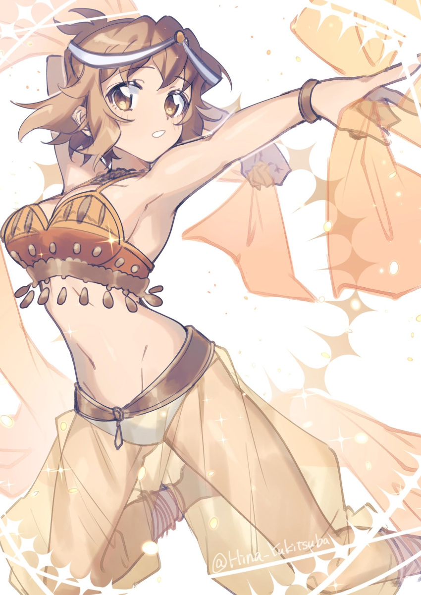 1girl alternate_costume bangs bikini blush bracelet brown_hair clenched_hand dancer hair_behind_ear harem_outfit harem_pants highres jewelry midriff navel necklace orange_bikini orange_pants panties pants parted_lips see-through_pants senki_zesshou_symphogear solo swimsuit tachibana_hibiki_(symphogear) underwear white_background white_panties yukitsuba_hina