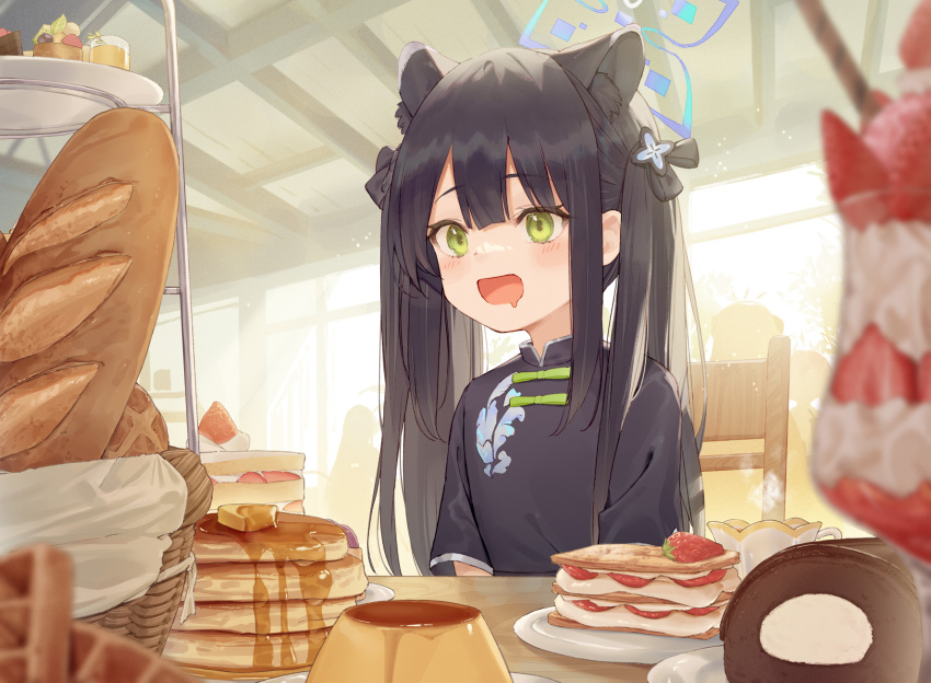 1girl :d animal_ears arl baguette bangs black_hair blue_archive blush bread butter cake chair chinese_clothes cup drooling flat_chest food green_eyes halo highres long_hair pancake parfait pudding shun_(blue_archive) shun_(small)_(blue_archive) smile solo steam swiss_roll syrup teacup twintails waffle