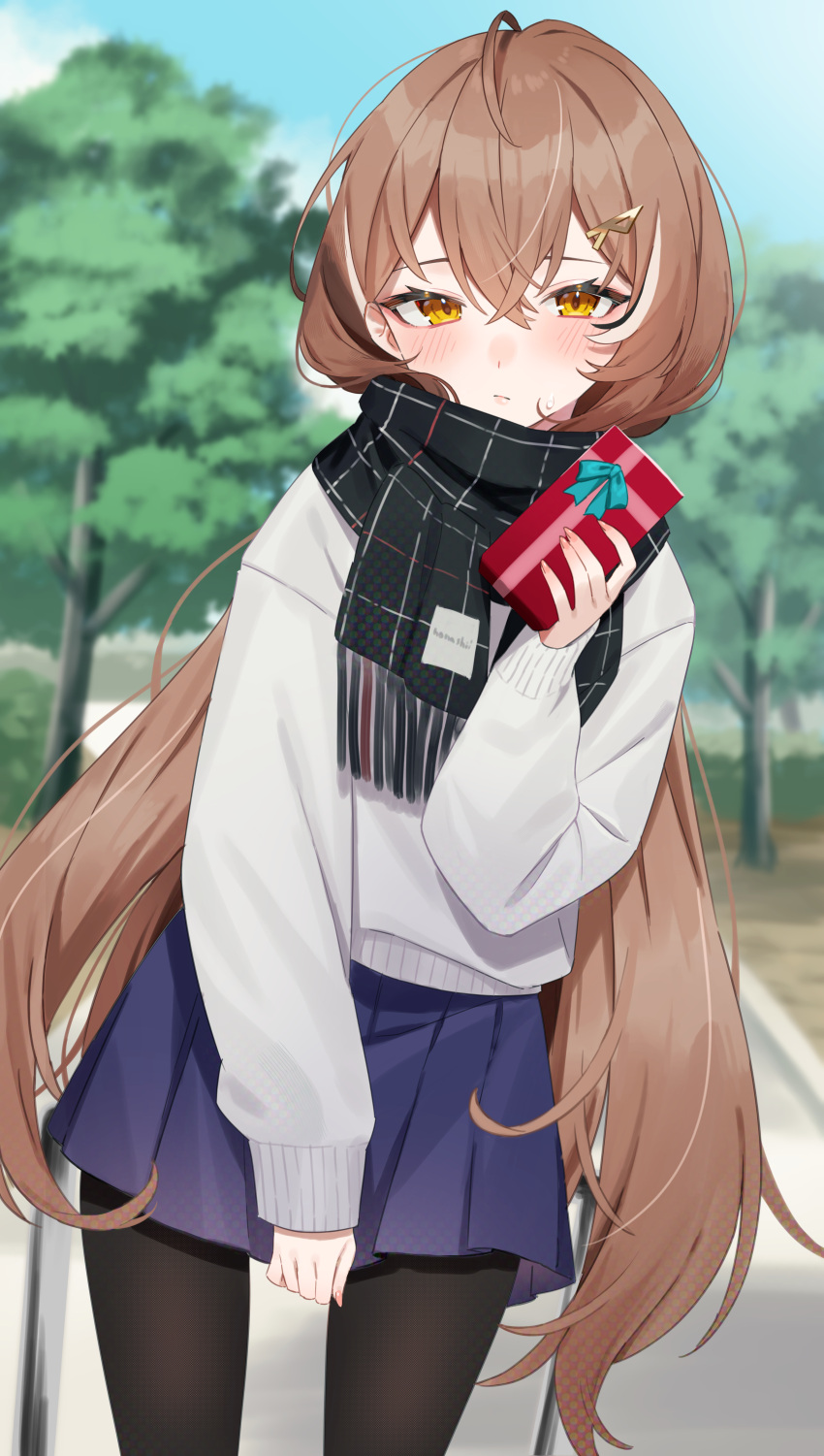 1girl absurdres ahoge alternate_costume bangs black_pantyhose black_scarf blue_skirt blurry blurry_background blush brown_eyes brown_hair commentary_request fingernails gift grey_sweater gukurosawa01 hair_down hair_ornament hairclip highres holding holding_gift hololive hololive_english long_hair looking_at_viewer multicolored_hair nanashi_mumei nervous pantyhose park pleated_skirt scarf skirt skirt_tug streaked_hair sweat sweater tree valentine very_long_hair virtual_youtuber