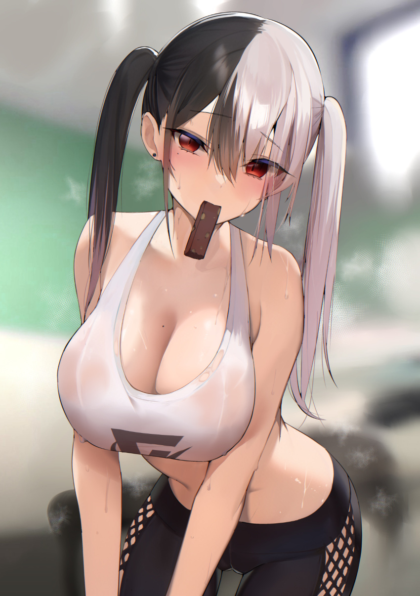 1girl bangs bare_arms bare_shoulders black_hair black_pants blurry blurry_background blush breasts chocolate cleavage ear_piercing highres indie_virtual_youtuber large_breasts leaning_forward long_hair looking_at_viewer mole mole_on_breast mole_under_eye mouth_hold multicolored_hair pants piercing red_eyes satou_daiji sleeveless solo sports_bra sweat towa_(towa_akqj10) twintails two-tone_hair white_hair white_sports_bra