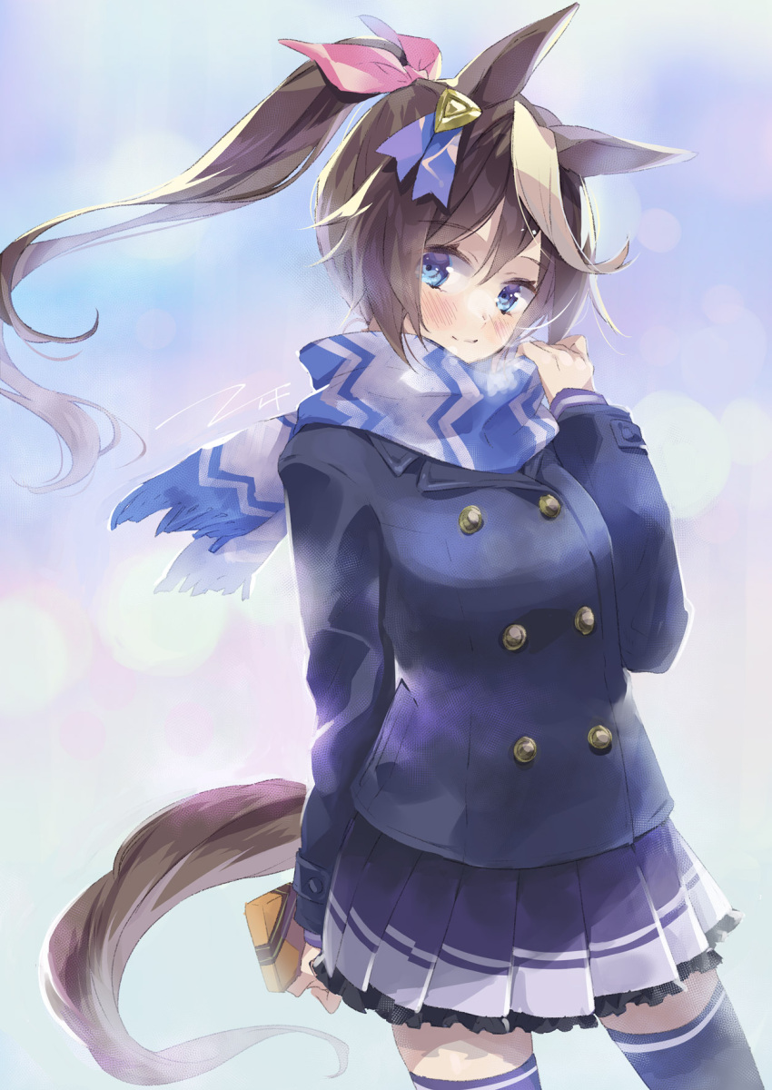 1girl animal_ears arm_behind_back bangs black_thighhighs blue_eyes blue_jacket blush box breasts brown_hair closed_mouth commentary_request ech floating_hair frilled_skirt frills fringe_trim gift gift_box hair_between_eyes hair_ribbon hand_up highres holding holding_gift horse_ears horse_girl horse_tail jacket long_hair long_sleeves looking_at_viewer multicolored_hair pink_ribbon pleated_skirt ponytail purple_skirt ribbon scarf skirt small_breasts smile solo streaked_hair tail thighhighs tokai_teio_(umamusume) umamusume valentine white_hair