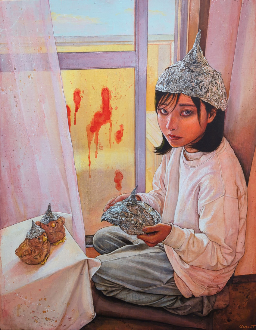 1girl absurdres acrylic_paint_(medium) balcony black_eyes black_hair commentary_request curtains cushion expressionless foil full_body grey_pants hat highres holding holding_clothes holding_hat indoors looking_at_viewer original paint_stains painting_(medium) pants realistic satou_t seiza short_hair sitting sky sliding_doors solo stuffed_animal stuffed_bird stuffed_toy sweater tinfoil_hat traditional_media white_sweater zabuton