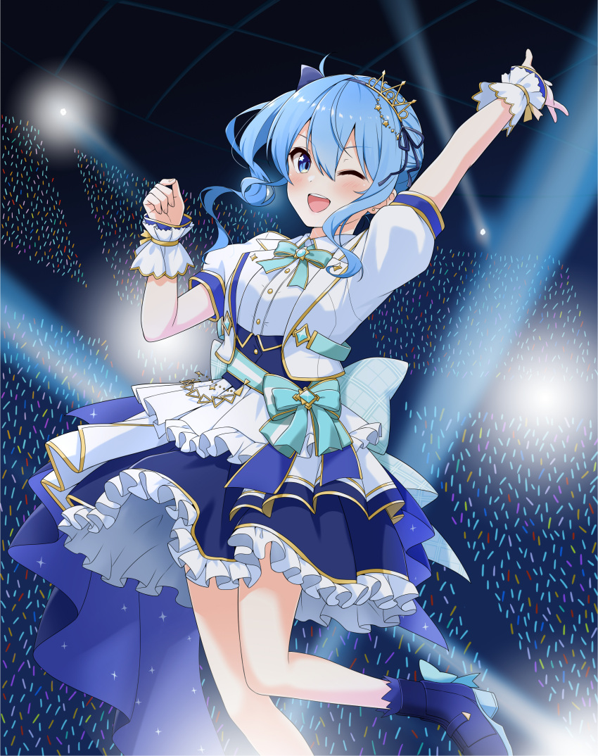 1girl ;d absurdres aqua_bow aqua_bowtie arms_up audience bangs bare_legs blue_eyes blue_footwear blue_hair blue_skirt blush boots bow bowtie breasts brooch buttons clenched_hand commentary concert dress felutiahime foot_out_of_frame frilled_skirt frills glowstick hair_up highres hololive hololive_idol_uniform hoshimachi_suisei idol idol_clothes indoors jewelry layered_dress leaning_back leg_up light_blue_hair medium_breasts one_eye_closed open_mouth puffy_short_sleeves puffy_sleeves short_sleeves sidelocks skirt smile solo stadium standing teeth tiara upper_teeth_only virtual_youtuber white_dress white_wrist_cuffs wrist_cuffs