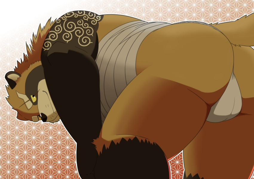 anthro asian_clothing bent_over brown_body brown_fur butt canid canine clothing east_asian_clothing fundoshi fur gyobu hi_res japanese_clothing koppepan39 lifewonders looking_back male mammal presenting presenting_hindquarters raccoon_dog scar smile solo tanuki tattoo tokyo_afterschool_summoners underwear