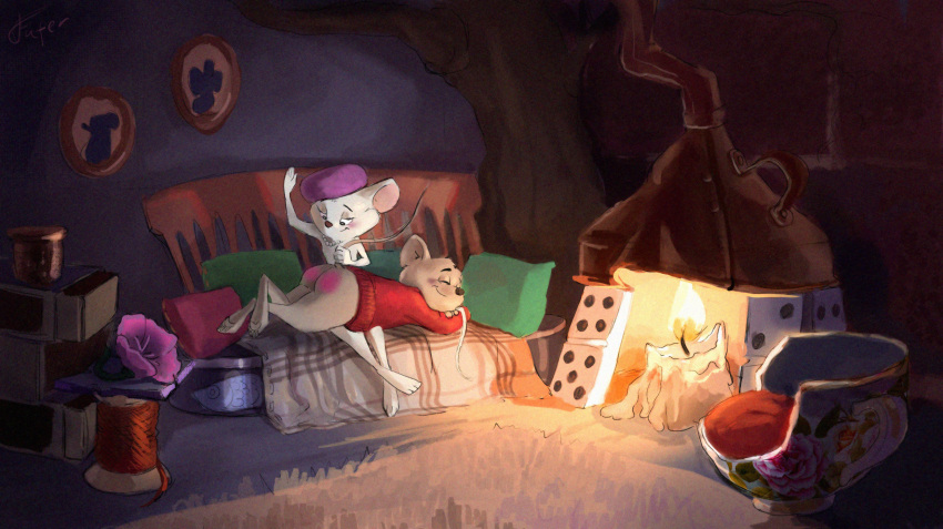 anthro bedding bernard_(the_rescuers) blanket bottomless butt butt_slap candle clothed clothing container cup cushion disney dominant dominant_female dominoes duo eyes_closed female female_spanking_male fufer gem hat headgear headwear hi_res jewelry male male/female mammal matchbox miss_bianca_(the_rescuers) mouse murid murine necklace pearl_(gem) pearl_necklace raised_tail reddened_butt rodent signature slap spanking submissive submissive_male sweater tail tail_grab the_rescuers_(disney) topwear