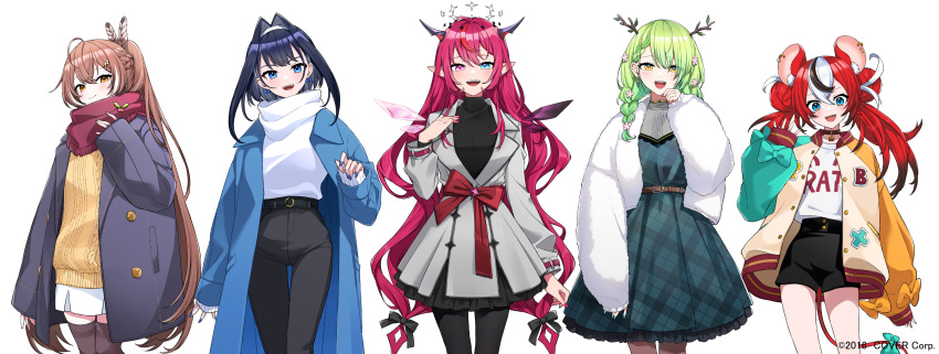 5girls :d absurdres ahoge aneco_(westsea1227) animal_ears antlers asymmetrical_wings bangs belt berry black_hair black_pants black_pantyhose black_shorts black_skirt blue_coat blue_eyes blue_hair blue_nails bow bow_earrings braid brown_eyes brown_hair buttons casual ceres_fauna cheese coat collar crystal_wings double-breasted dress earrings fangs feather_hair_ornament feathers flower food fur_coat green_dress green_hair green_nails grey_coat hair_flower hair_intakes hair_ornament hairclip hakos_baelz halo happy_valentine headband heterochromia highres hololive hololive_english horns irys_(hololive) jacket jewelry letterman_jacket long_hair looking_at_viewer mole mole_under_eye mouse_ears mouse_tail multicolored_hair multiple_girls nail_polish nanashi_mumei official_alternate_costume official_art ouro_kronii pants pantyhose peacoat pink_eyes plaid plaid_dress pleated_skirt pointy_ears ponytail purple_hair purple_nails red_hair red_ribbon red_scarf ribbon scarf shirt shirt_tucked_in short_hair short_shorts shorts skirt smile socks streaked_hair striped striped_socks sweater t-shirt tail teeth thighhighs turtleneck twintails upper_teeth_only very_long_hair virtual_youtuber waving white_coat white_hair white_shirt white_skirt white_sweater wings yellow_eyes yellow_sweater
