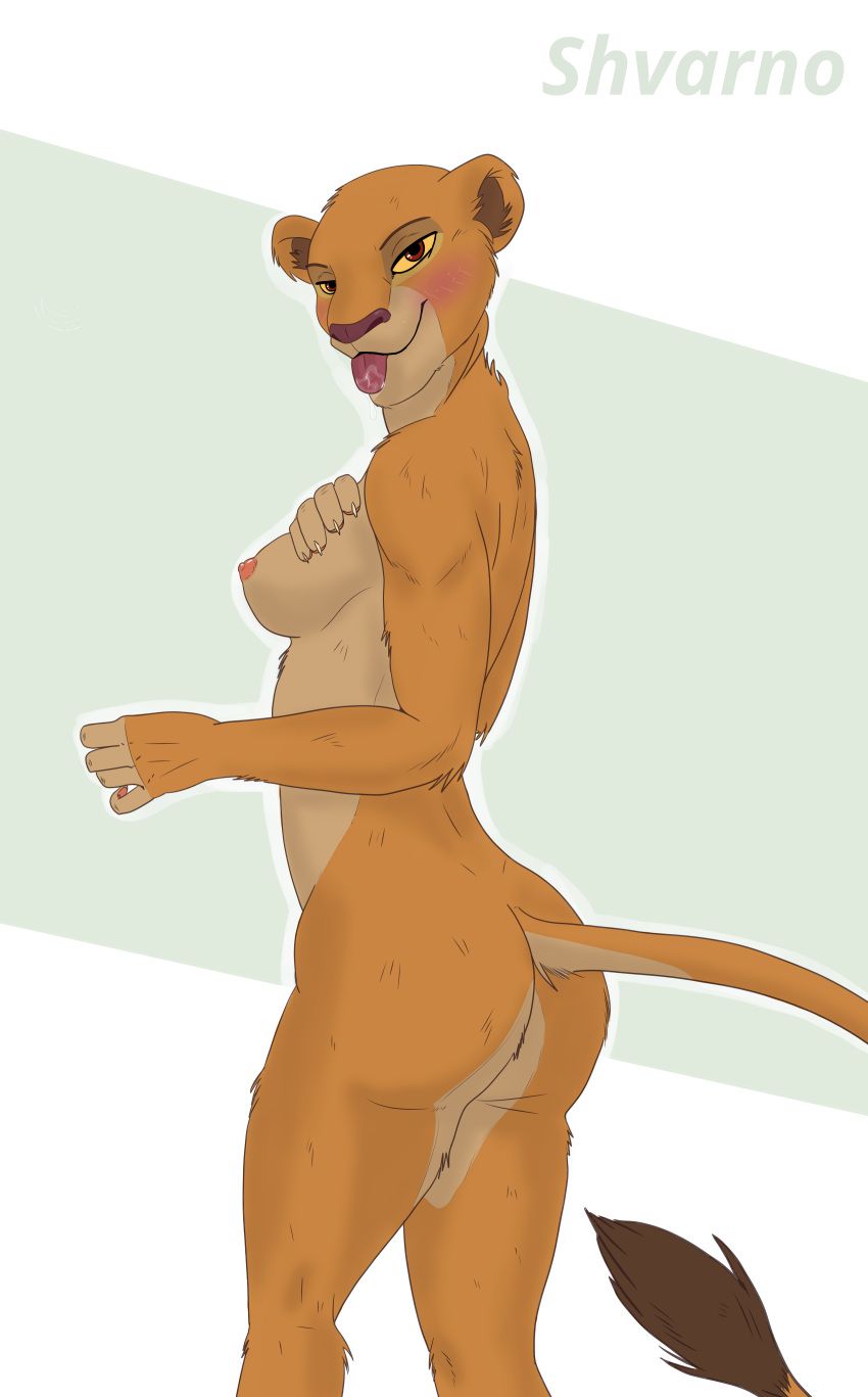 absurd_res anthro big_butt blush bodily_fluids breasts butt disney felid female fur hi_res kiara lion looking_at_viewer mammal nipples nude orange_body orange_fur pantherine pink_nipples red_eyes saliva saliva_on_tongue seductive shvarnolion side_boob smile smiling_at_viewer solo standing tail the_lion_king