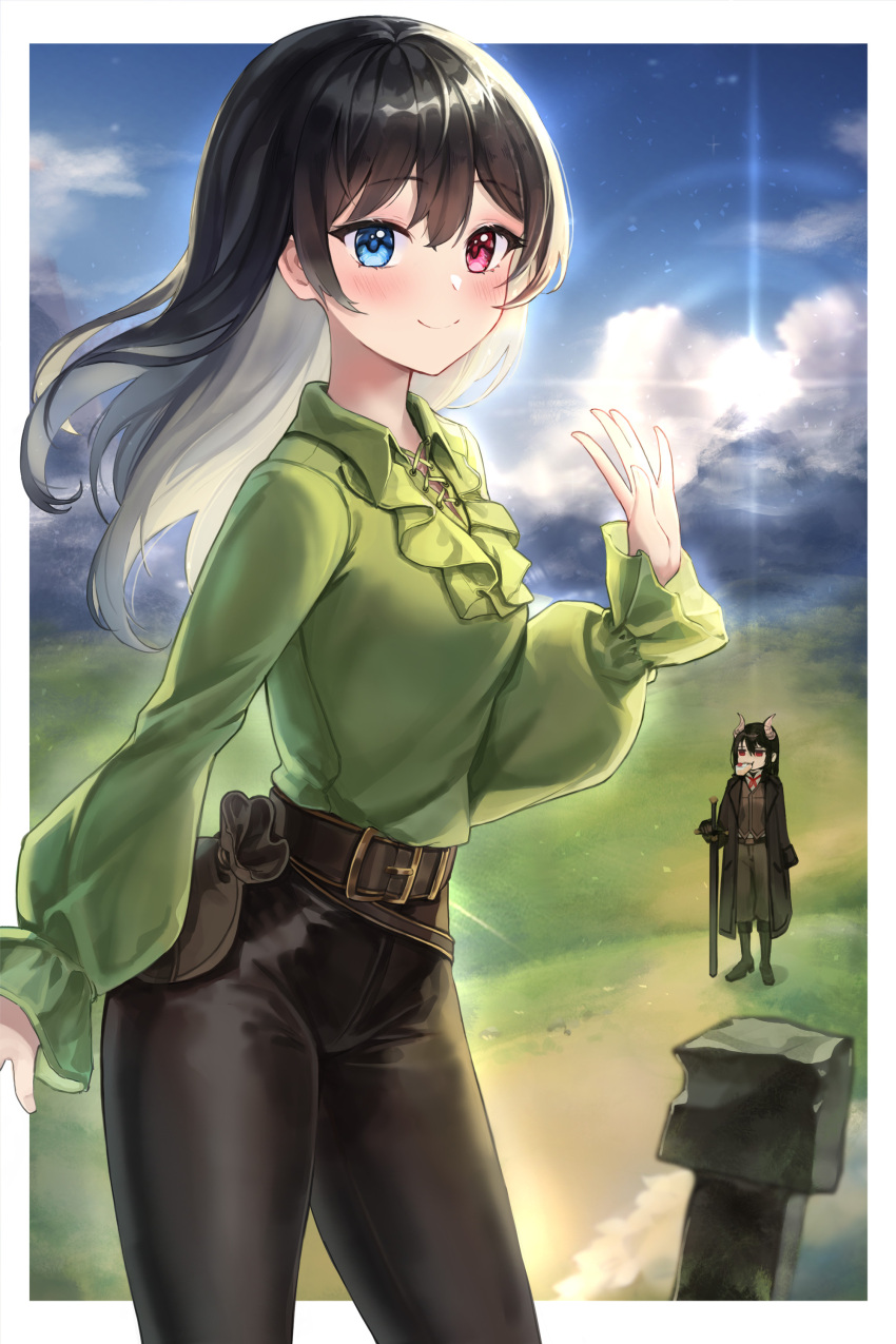 2girls absurdres belt black_hair black_pants blue_eyes closed_mouth collared_shirt contrapposto dano green_shirt hand_up heterochromia highres long_hair long_sleeves looking_at_viewer moneybag multiple_girls novel_illustration official_art original outside_border pants puffy_sleeves red_eyes shirt shirt_tucked_in smile solo_focus standing