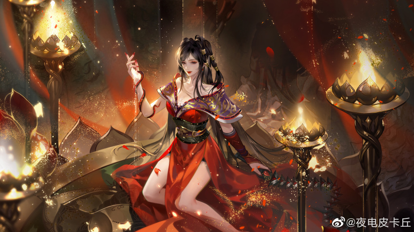 1girl absurdres bare_legs bare_shoulders brown_hair chi_lian_(qin_shi_ming_yue) closed_mouth dress earrings embers eye_mask fire highres jewelry long_hair lotus_pedestal multi-tied_hair off-shoulder_dress off_shoulder qin_shi_ming_yue red_dress rock sash smile solo torch ye_dian_pika_qiu