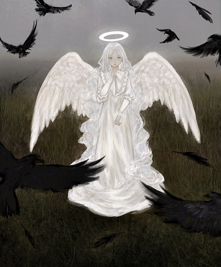 1girl angel angel_wings bangs bird black_feathers crow dress expressionless feathered_wings feathers field full_body grass grey_eyes halo hand_on_own_chin highres long_hair looking_at_viewer original outdoors parted_bangs shirone_(coxo_ii) tall_grass very_long_hair wavy_hair white_dress white_hair white_wings wings