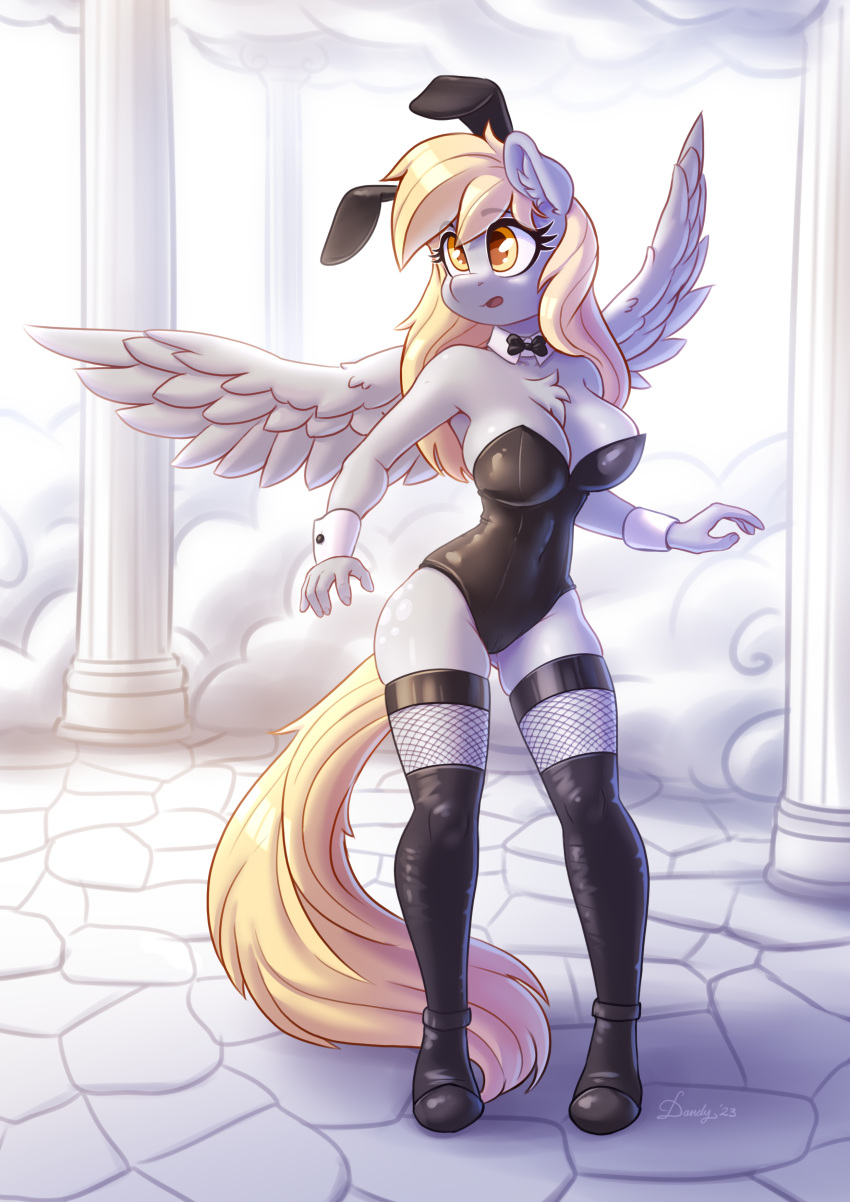 2023 absurd_res anthro black_clothing black_leotard blonde_hair boots bow_tie breasts bunny_costume chest_tuft clothing costume cuffs_(clothing) cutie_mark dandy_(artist) derpy_hooves_(mlp) equid equine eyebrow_through_hair eyebrows eyelashes fake_ears fake_rabbit_ears feathered_wings feathers female footwear friendship_is_magic glistening grey_body grey_feathers hair hasbro hi_res inner_ear_fluff legwear leotard long_hair mammal my_little_pony open_mouth pegasus solo tail thigh_boots thigh_highs translucent translucent_hair tuft unguligrade_anthro wings yellow_eyes yellow_tail
