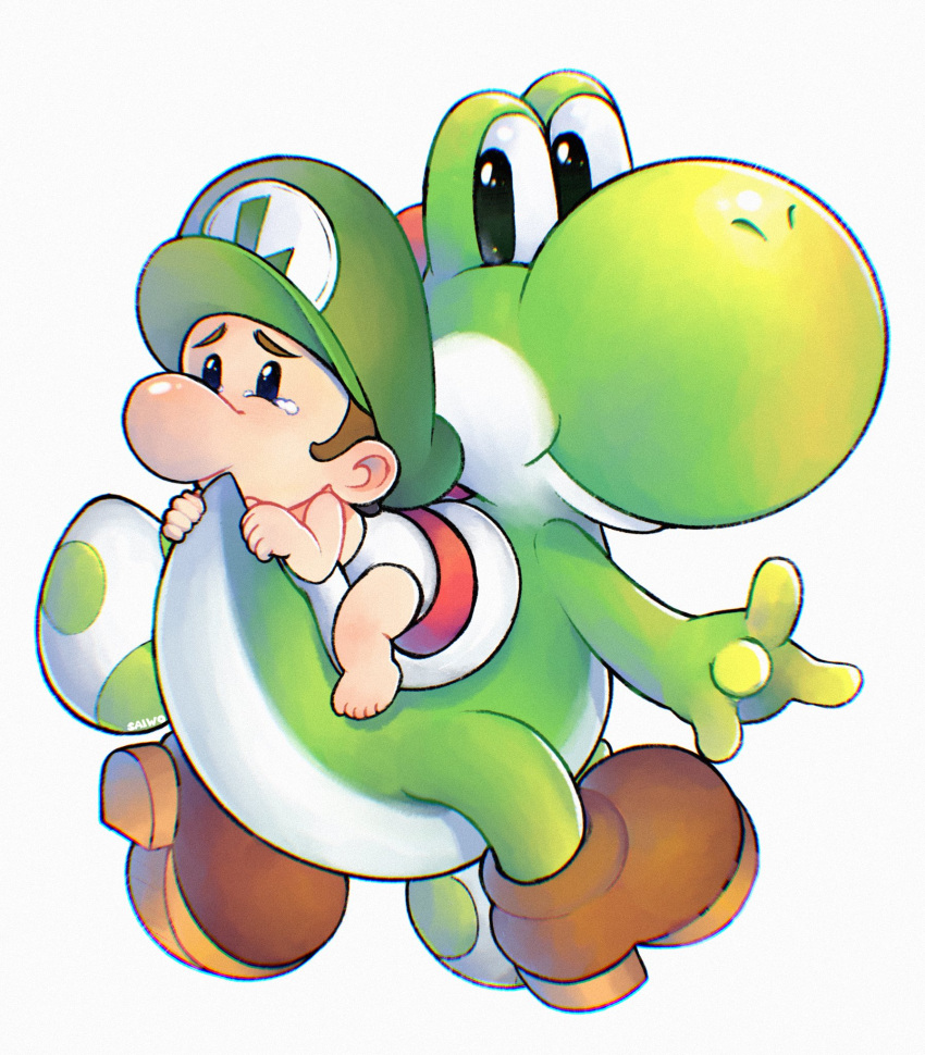 1boy baby_luigi boots brown_footwear brown_hair crying crying_with_eyes_open diaper green_headwear hat highres mario_(series) saiwoproject shell short_hair simple_background tears white_background yoshi yoshi_egg