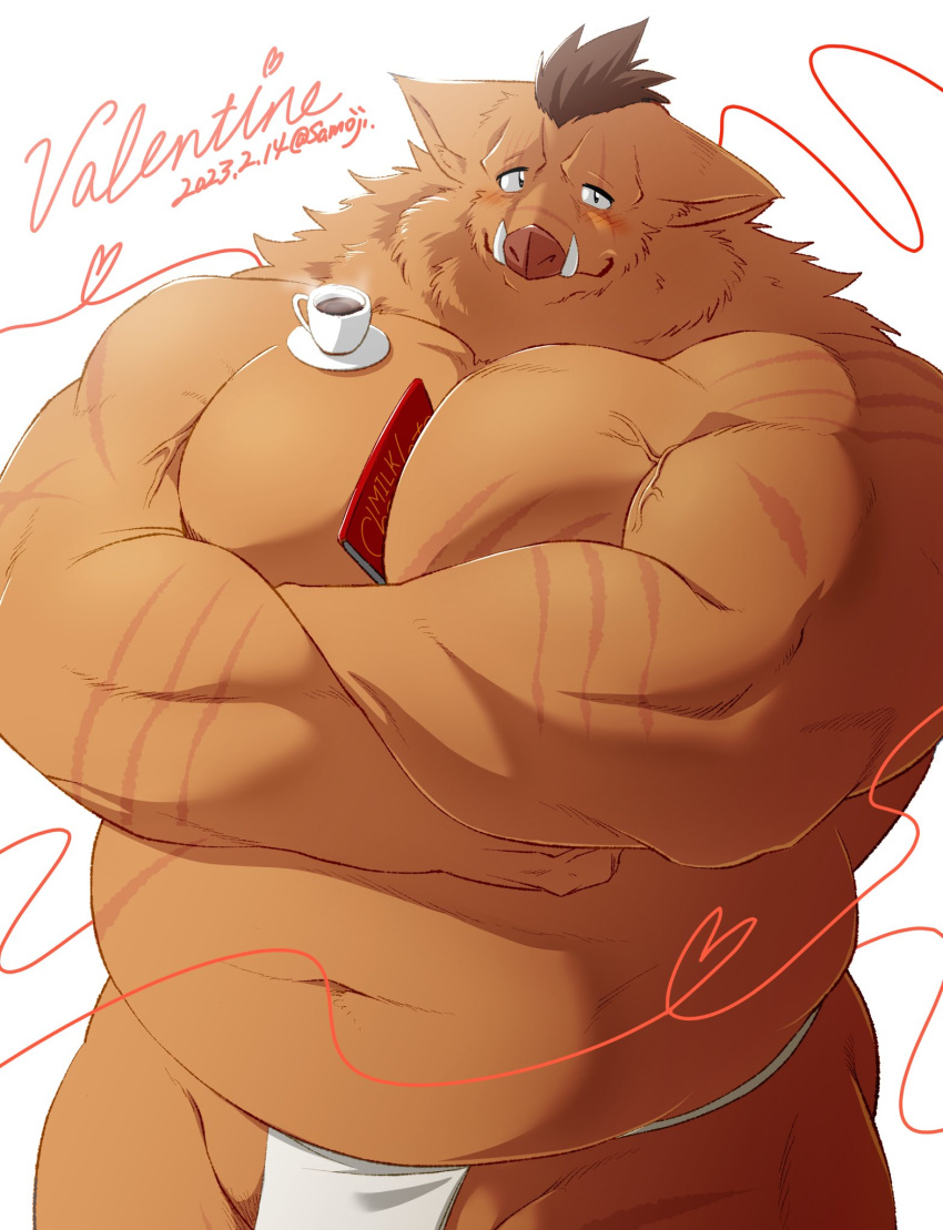 2023 anthro asian_clothing belly big_belly blush brown_body brown_fur candy chocolate clothing dessert east_asian_clothing food fundoshi fur hi_res holidays japanese_clothing kemono male mammal mug navel overweight overweight_male samoji scar solo suid suina sus_(pig) underwear valentine's_day white_clothing white_fundoshi white_underwear wild_boar