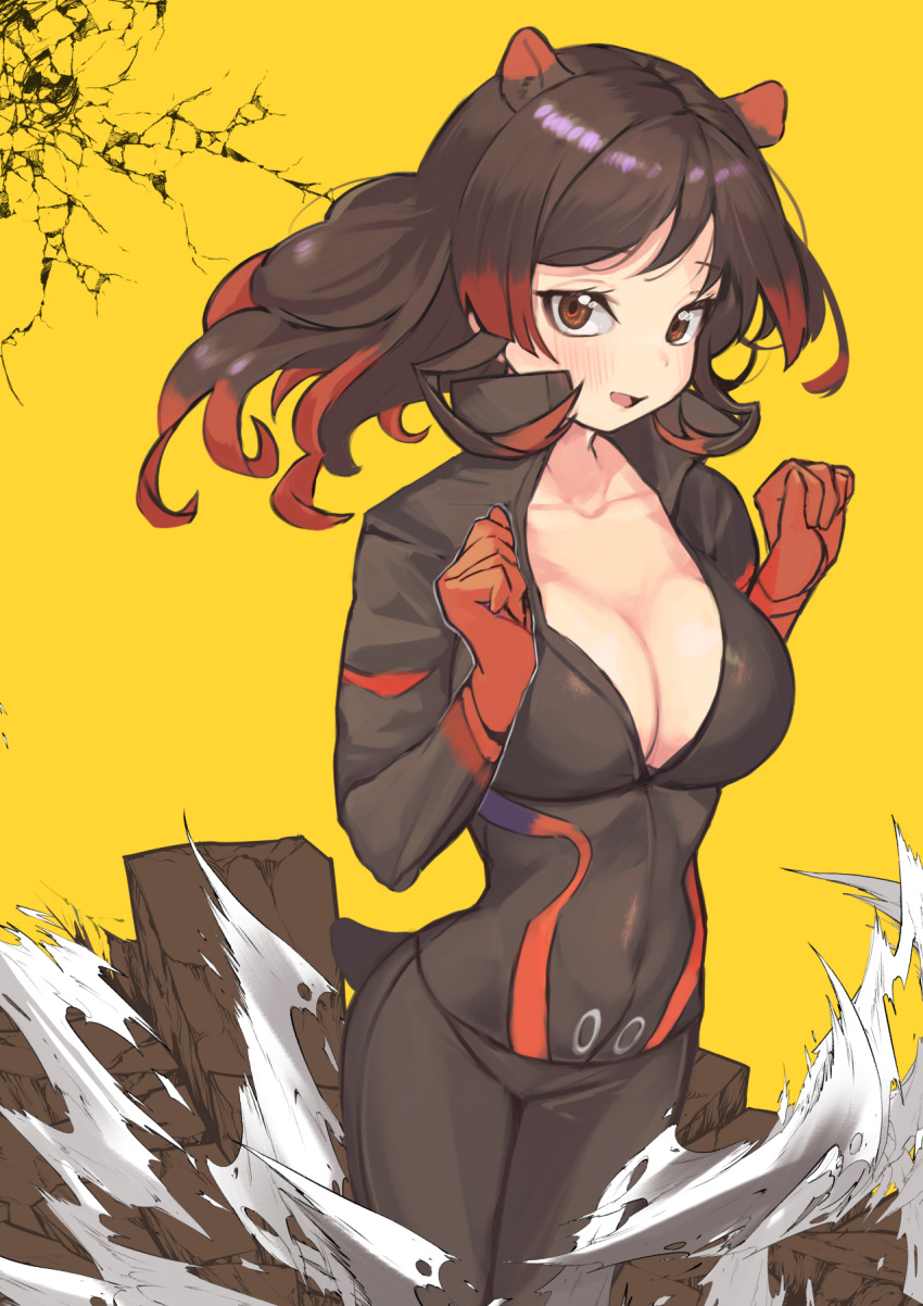 1girl a888_n22 animal_ears bangs black_hair blush breasts brown_eyes cleavage collarbone collared_jacket commentary_request extra_ears floating_hair gloves high_collar highres hippopotamus_(kemono_friends) hippopotamus_ears jacket kemono_friends large_breasts long_hair long_sleeves looking_at_viewer multicolored_hair pants parted_lips partially_unzipped red_hair simple_background smile solo tail two-tone_hair yellow_background zipper