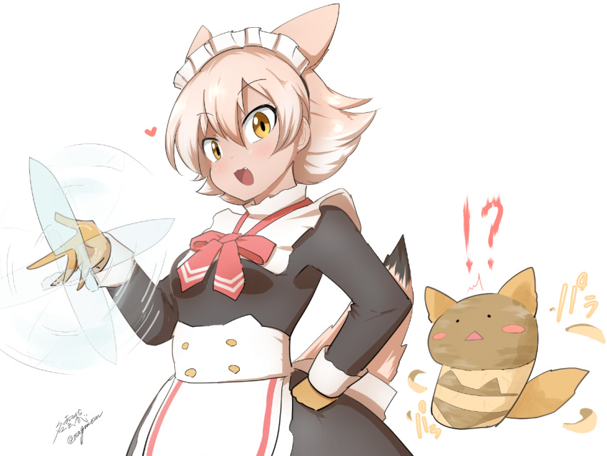 1girl animal_ears apron bikini blonde_hair coyopotato coyote_(kemono_friends) extra_ears gloves kemono_friends kemono_friends_v_project kitchen_knife maid maid_apron maid_headdress open_mouth short_hair simple_background swimsuit tail taurine_8000mg virtual_youtuber wolf_ears wolf_girl wolf_tail yellow_eyes