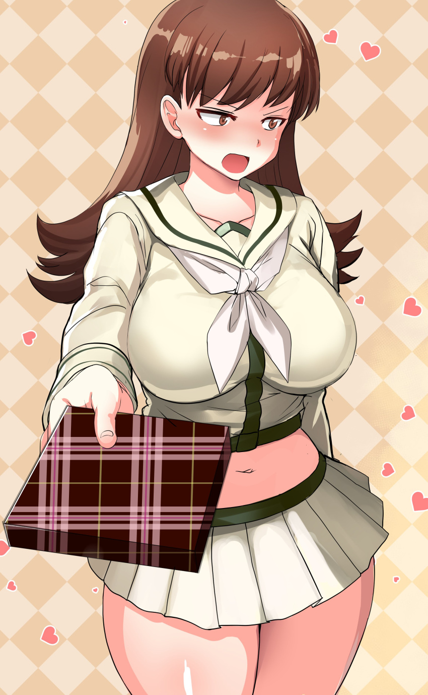 1girl absurdres breasts brown_eyes brown_hair chocolate highres kantai_collection large_breasts long_hair looking_away maki_ikazuya miniskirt navel ooi_(kancolle) ooi_kai_ni_(kancolle) open_mouth ribbon school_uniform serafuku skirt solo tsundere valentine