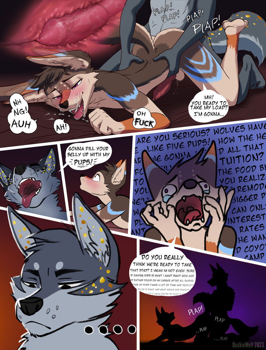ahegao anal anal_penetration anthro balls bodily_fluids breath canid canine canis comic coyote cum cum_on_face dialogue dirty_talk doggystyle duo duskin_tyrell duskinwolf ears_down ellipsis from_behind_position genital_fluids genitals gold_scales grabbing_from_behind grabbing_hips hi_res humor humping impatient kenari looking_pleasured male male/male male_penetrated male_penetrating male_penetrating_male mammal panting penetration penis pivoted_ears plap pregnant pregnant_male purple_eyes sex surprise surprised_expression tears thrust tongue tongue_out wolf xray_view