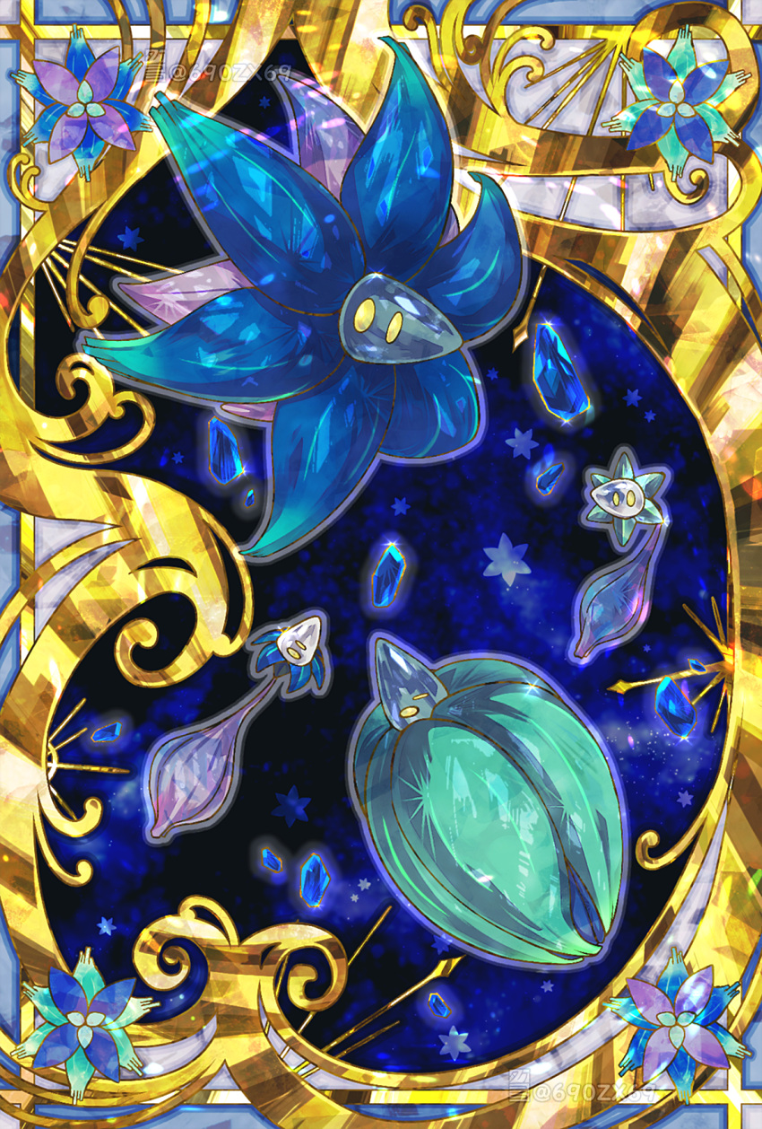 alternate_color blue_gemstone commentary_request evolutionary_line gem glimmet glimmora gold highres no_humans pokemon pokemon_(creature) shiny_pokemon takenokonoko watermark yellow_eyes