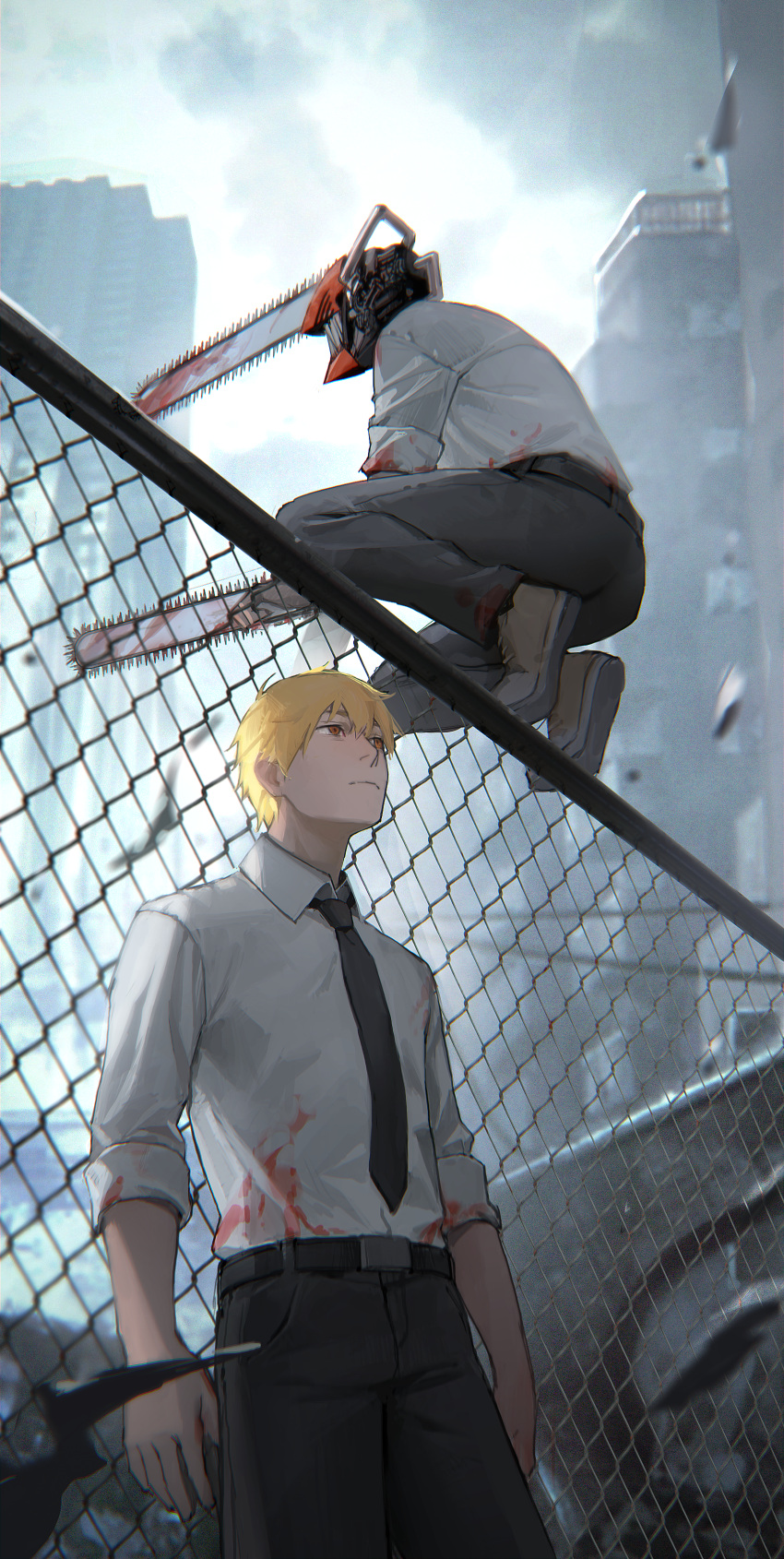 1boy absurdres black_necktie black_pants blonde_hair blood blood_on_clothes blurry blurry_background chain-link_fence chainsaw chainsaw_man collared_shirt denji_(chainsaw_man) facing_to_the_side fence highres limart looking_to_the_side necktie on_fence orange_eyes pants sharp_teeth shirt shirt_tucked_in short_hair sleeves_rolled_up squatting teeth white_shirt