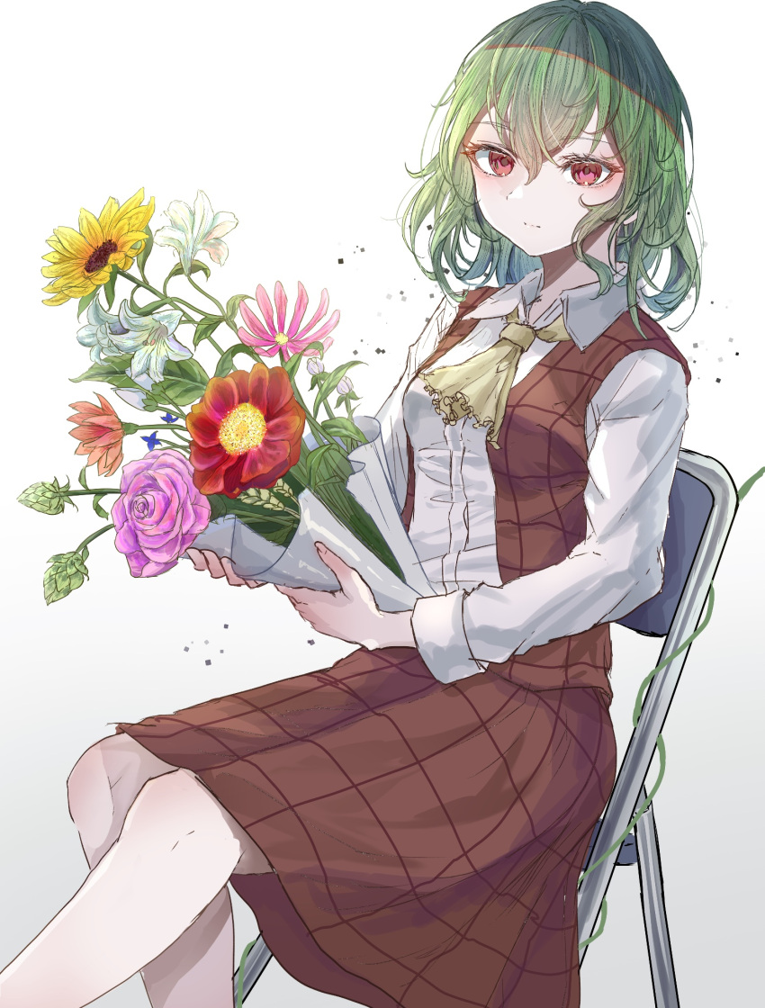 1girl ascot bangs bouquet breasts chair feet_out_of_frame flower flower_request green_hair hair_between_eyes hegata_(hegatia_lapis) highres holding holding_bouquet holding_flower kazami_yuuka light_smile long_sleeves looking_at_viewer medium_breasts medium_hair pink_flower plaid plaid_vest plant purple_flower red_eyes red_skirt red_vest shirt simple_background sitting skirt solo sunflower touhou vest vines white_background white_shirt yellow_ascot yellow_flower