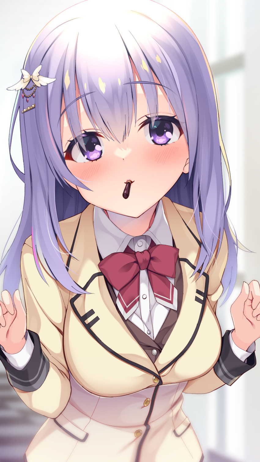 1girl aria. bangs blurry blurry_background blush bow bowtie breasts brown_vest collared_shirt commentary eyelashes food_in_mouth hair_between_eyes hair_ornament hairclip hands_up head_tilt highres incoming_pocky_kiss indoors ise_kotori jacket large_breasts light_purple_hair lips long_hair long_sleeves looking_at_viewer parted_lips pocky_in_mouth pov purple_eyes red_bow red_bowtie riddle_joker school_uniform seductive_smile shirt sidelocks smile solo upper_body valentine vest white_shirt wing_hair_ornament yellow_jacket yuzu-soft