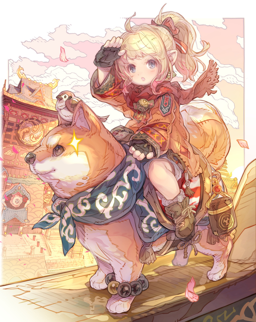 1girl :o ahoge animal arm_up bangs bird black_gloves blonde_hair blue_eyes blush bow brown_coat brown_footwear character_request cloud coat commentary_request dog final_fantasy final_fantasy_xiv fingerless_gloves gloves gradient_hair hair_bow haku_(sabosoda) highres long_sleeves looking_at_viewer multicolored_hair outdoors parted_lips pink_hair pointy_ears ponytail red_bow ribbed_legwear riding shoes shorts sidelocks sleeves_past_wrists socks solo sparkle white_shorts white_socks