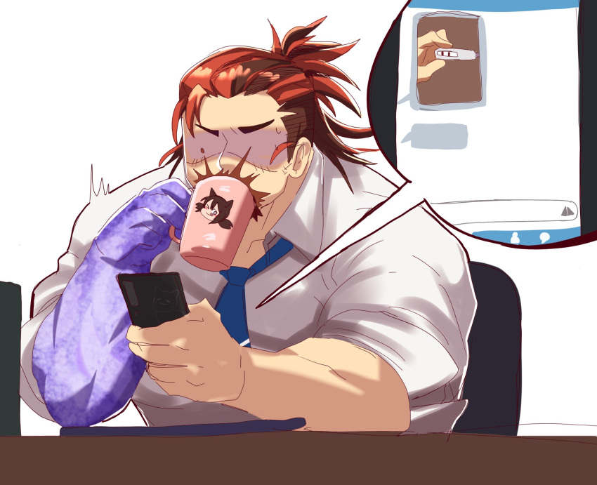 1boy :q bara blue_necktie blush boogeyman_(housamo) brown_hair cup facial_hair female_protagonist_(live_a_hero) goatee highres holding holding_phone implied_pregnancy leobongnana live_a_hero male_focus male_pregnancy mature_male merchandise mug multicolored_hair muscular muscular_male necktie orange_hair phone pregnancy_test red_eyes scar scar_on_face short_hair sideburns sleeves_rolled_up smile solo stomach sweatdrop tokyo_afterschool_summoners tongue tongue_out turn_pale two-tone_hair unfinished upper_body