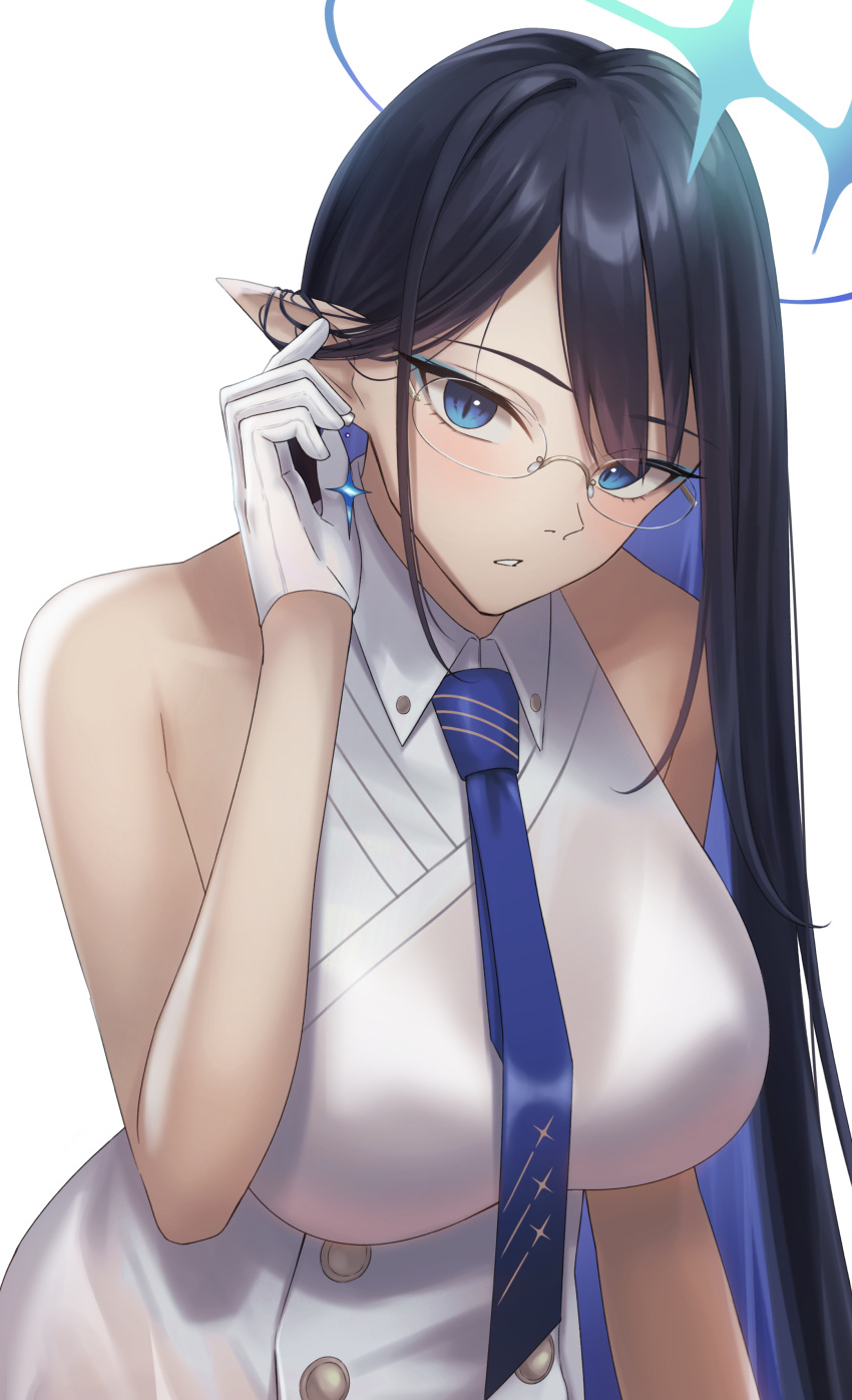 1girl absurdres bangs black_hair blue_archive blue_eyes blue_hair blue_necktie breasts collared_dress colored_inner_hair dress earrings glasses gloves halo hand_on_own_ear highres jewelry large_breasts long_hair looking_at_viewer multicolored_hair necktie pointy_ears renzu_(lens_02) rin_(blue_archive) simple_background solo upper_body very_long_hair white_background white_gloves