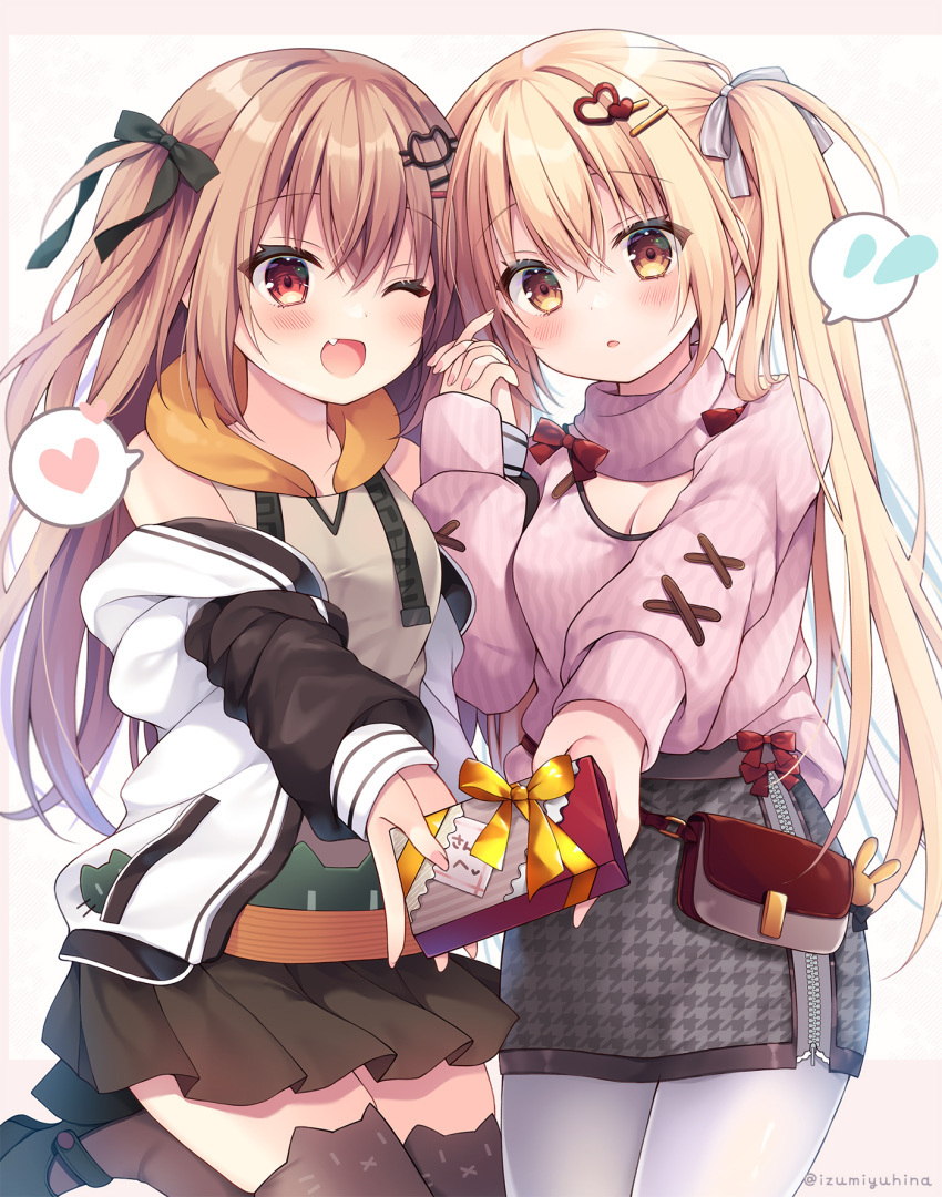 2girls ;d animal_ear_legwear bag bangs black_bow black_footwear blonde_hair blush bow box breasts brown_hair brown_hoodie brown_skirt brown_thighhighs cat_ear_legwear cat_hair_ornament cleavage cleavage_cutout clothing_cutout commentary_request fang flying_sweatdrops gift gift_box grey_bow grey_skirt hair_between_eyes hair_ornament hairclip heart heart_hair_ornament highres holding holding_gift holding_hands hood hood_down hoodie houndstooth interlocked_fingers izumiyuhina jacket long_sleeves medium_breasts multiple_girls nail_polish off_shoulder one_eye_closed open_clothes open_jacket original pantyhose pink_nails pink_sweater pleated_skirt print_skirt puffy_long_sleeves puffy_sleeves red_eyes shoes shoulder_bag skirt sleeves_past_wrists smile spoken_flying_sweatdrops spoken_heart sweater thighhighs turtleneck turtleneck_sweater twintails two_side_up valentine white_jacket white_pantyhose