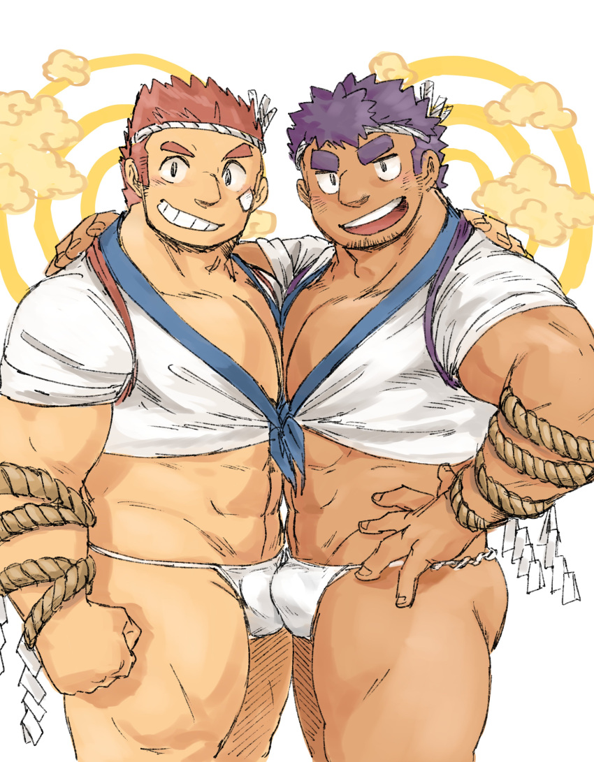 2boys abs absurdres bandaid bandaid_on_cheek bandaid_on_face bara brown_hair bulge bulge_press bulges_touching cloud dark-skinned_male dark_skin facial_hair feet_out_of_frame fire_deity_(housamo) from_side fundoshi grin hachimaki hand_on_another's_shoulder hand_on_hip happi happy headband highres japanese_clothes large_pectorals long_sideburns looking_at_viewer male_focus mature_male multiple_boys muscular muscular_male navel nether_deity_(housamo) no_pants pectoral_cleavage pectoral_docking pectoral_press pectorals purple_hair rope shirt short_hair sideburns sleeves_rolled_up smile sobatya stomach stubble thick_eyebrows thick_thighs thighs tied_shirt tokyo_afterschool_summoners yaoi
